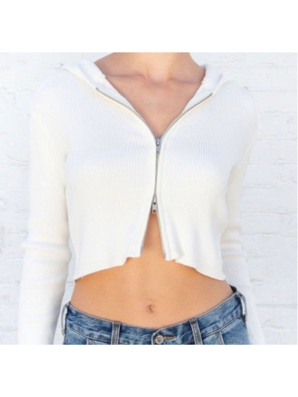 Women's Brandy Melville White Ribbed Zip-Up Hoodie Size S